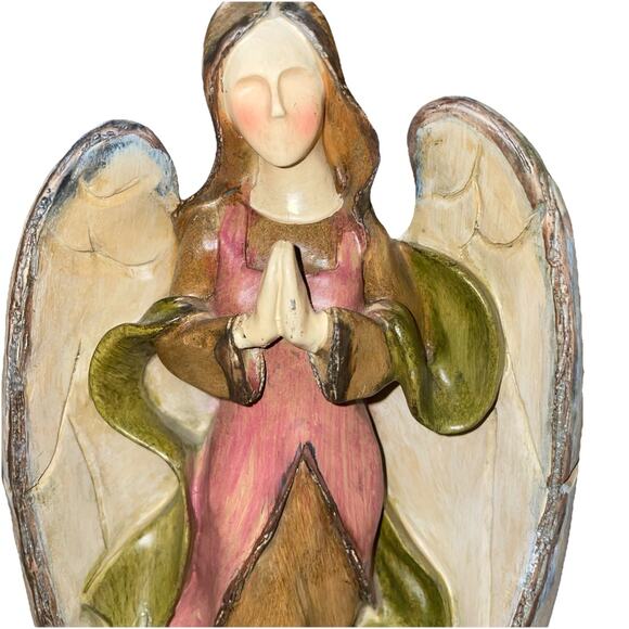 Vintage Wooden Hand Painted Praying Angel Figurine Decoration Mantle 10x4.5” - Picture 2 of 5